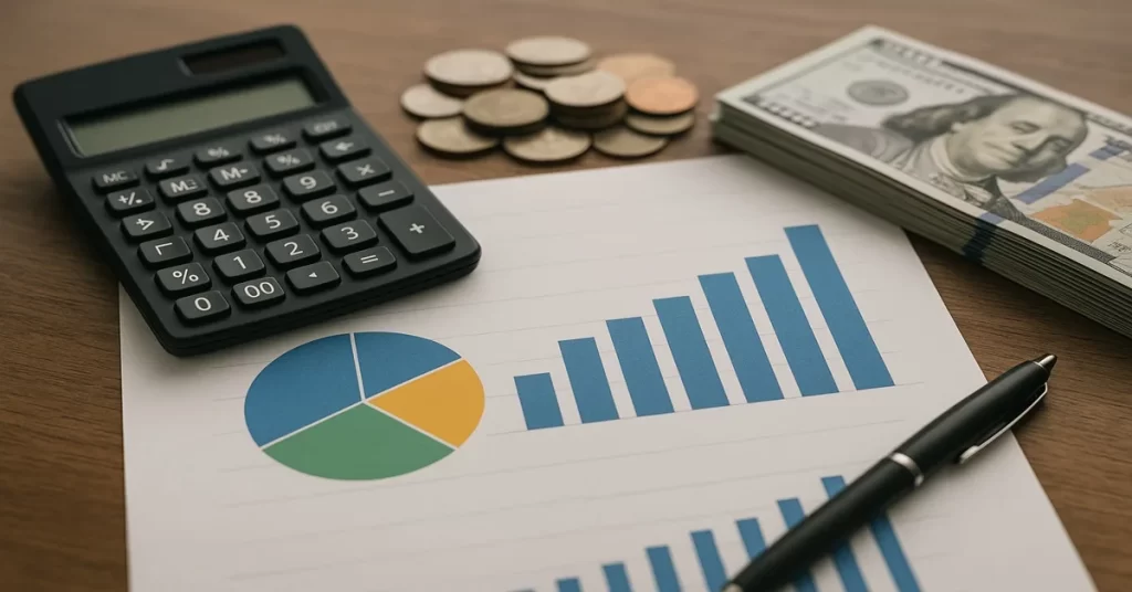 Calculator, coins, cash, and financial charts placed on a wooden desk.