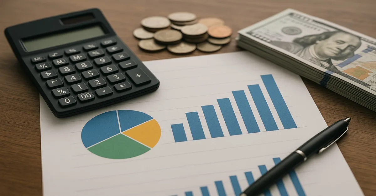 Calculator, coins, cash, and financial charts placed on a wooden desk.