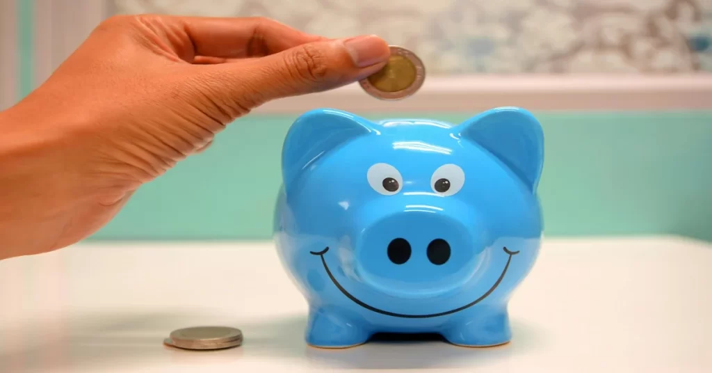 Hand placing a coin into a blue piggy bank representing savings and financial discipline.